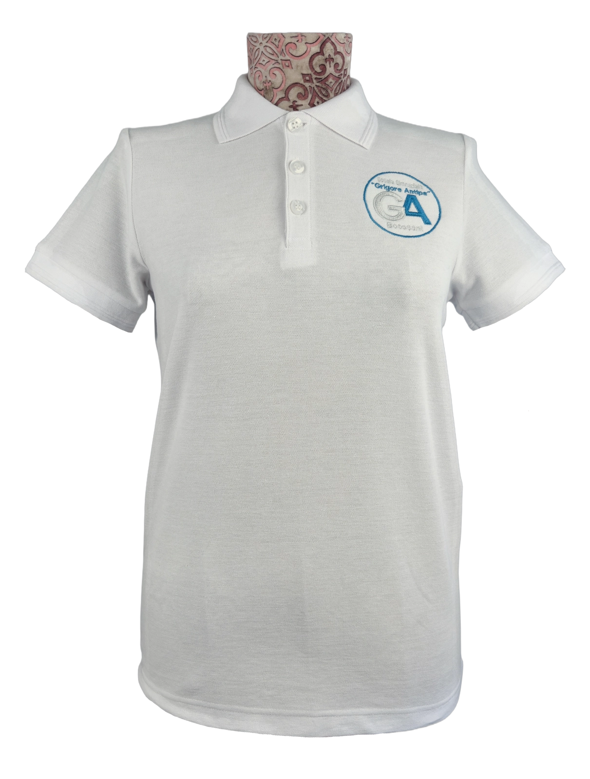 Tricou polo alb cu emblemă brodată